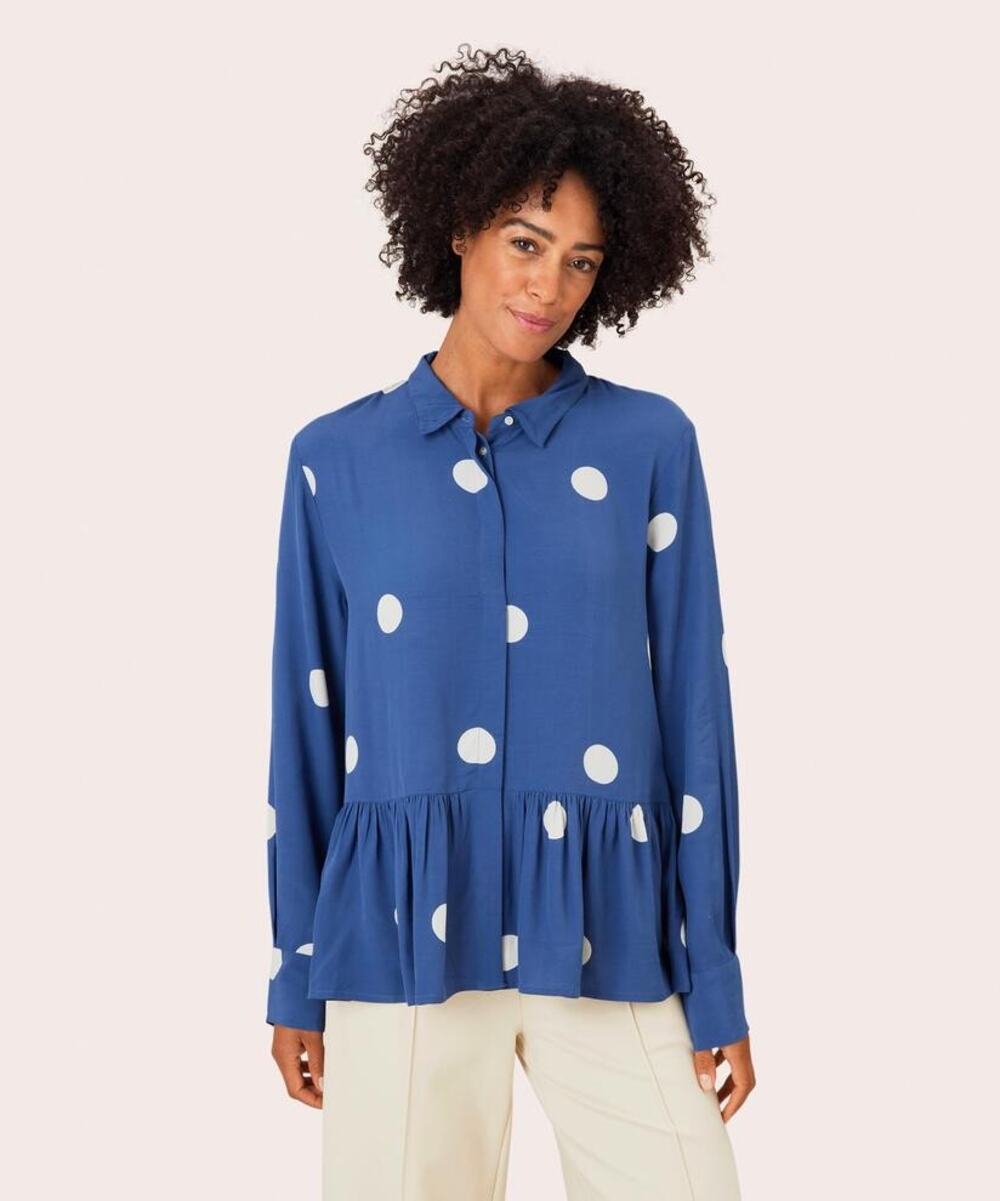 MASAI COPENHAGEN Idana Button-Up Peplum Crepe Blouse Blue/White Polka Dot Size S
